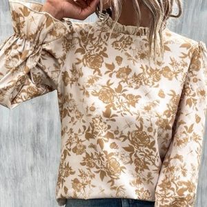 Floral Print Flounce Sleeve Blouse With Feminine Frill Neckline & Pearl Button